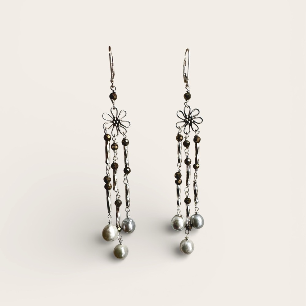 Elegant Floral Silver and Black Dangle Earrings